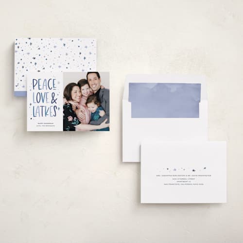This is a frost hanukkah cards with standard by Laura Bercovich called peace, love & latkes printing on recycled smooth signature in standard