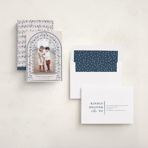 This is a navy hanukkah cards with standard by Meagan Christensen called talavera printing on recycled smooth signature in standard