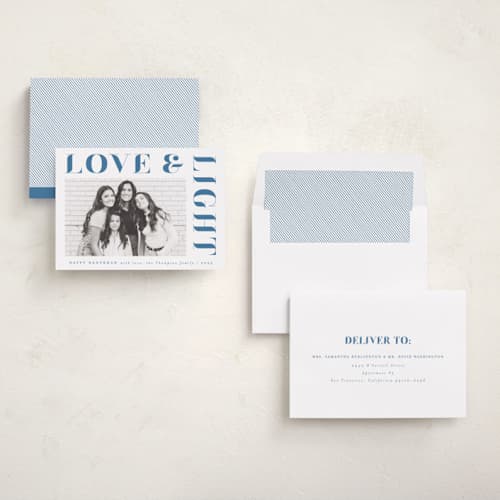 This is a dusty navy hanukkah cards with standard by AK Graphics called pretty serif printing on signature in standard