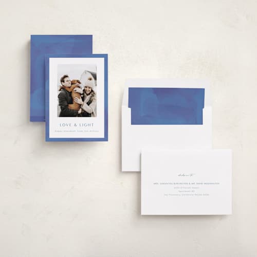 This is a dusty navy hanukkah cards with standard by AK Graphics called painted shalom printing on recycled smooth signature in standard