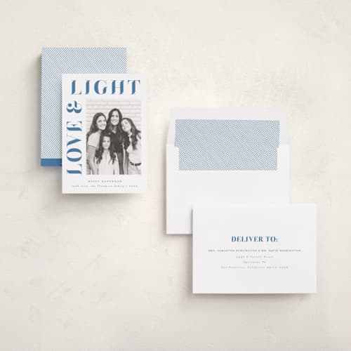 This is a dusty navy hanukkah cards with standard by AK Graphics called pretty serif printing on recycled smooth signature in standard