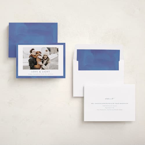 This is a dusty navy hanukkah cards with standard by AK Graphics called painted shalom printing on recycled smooth signature in standard