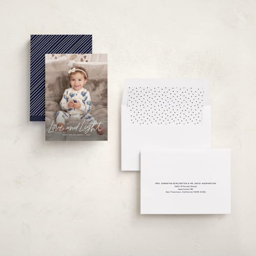 This is a ivory hanukkah cards with standard by Kristen Magee called scripty merry christmas printing on recycled smooth signature in standard