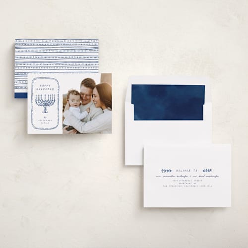 This is a lake hanukkah cards with standard by Anastasia Makarova called watercolor menorah printing on recycled smooth signature in standard