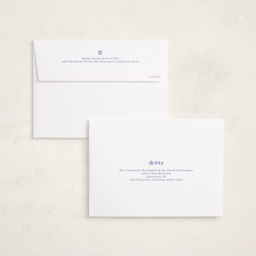 This is a robin blue hanukkah cards with standard by Abbigail Lim called warmth of the lights printing on recycled smooth signature in standard