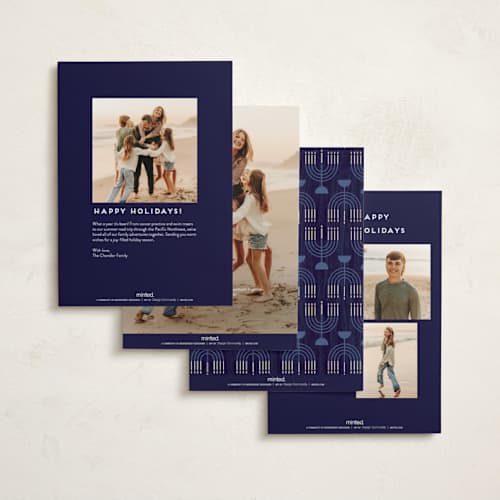 This is a navy hanukkah cards with standard by Kami Turnell called modern menorah printing on signature in standard
