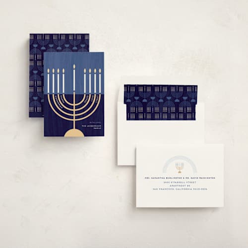 This is a navy hanukkah cards with standard by Kami Turnell called modern menorah printing on signature in standard