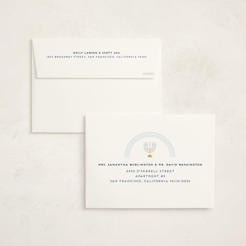 This is a navy hanukkah cards with standard by Kami Turnell called modern menorah printing on signature in standard