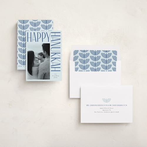 This is a sky hanukkah cards with standard by Iveta Angelova called boldly lettered printing on recycled smooth signature in standard