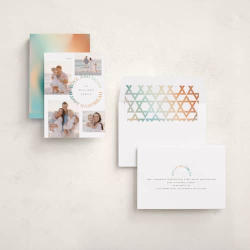 This is a linen hanukkah cards with standard by Robert and Stella called mod light printing on recycled smooth signature in standard