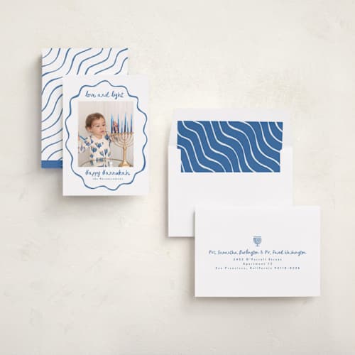 This is a cerulean hanukkah cards with standard by Tamara Hilje called happy border printing on recycled smooth signature in standard