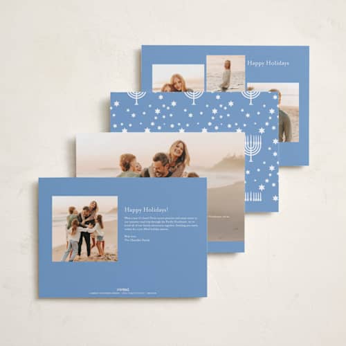 This is a starlight hanukkah cards with standard by Benita Crandall called love, light, latkes printing on recycled smooth signature in standard
