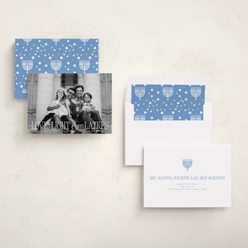 This is a starlight hanukkah cards with standard by Benita Crandall called love, light, latkes printing on recycled smooth signature in standard