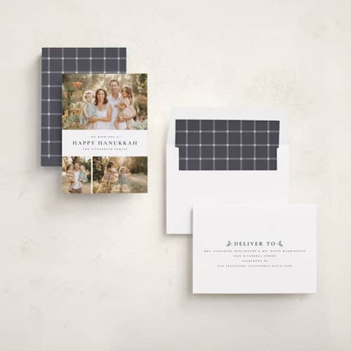 This is a navy hanukkah cards with standard by Wildfield Paper Co called quartzite printing on recycled smooth signature in standard