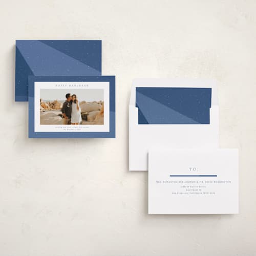 This is a celestial hanukkah cards with standard by Emily Sabol Goss called textured printing on recycled smooth signature in standard
