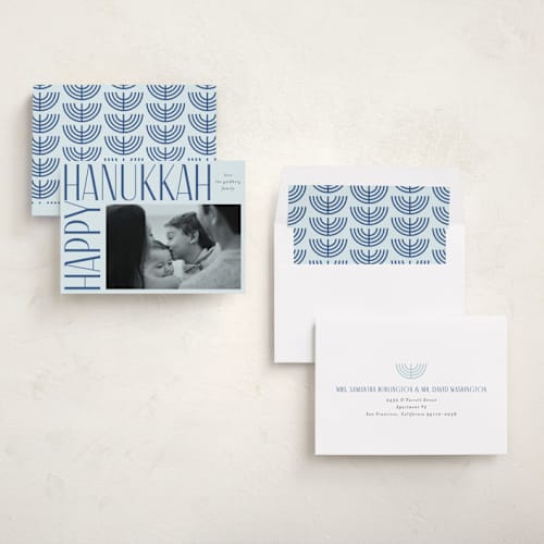 This is a sky hanukkah cards with standard by Iveta Angelova called boldly lettered printing on recycled smooth signature in standard