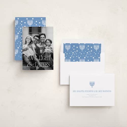 This is a starlight hanukkah cards with standard by Benita Crandall called love, light, latkes printing on recycled smooth signature in standard