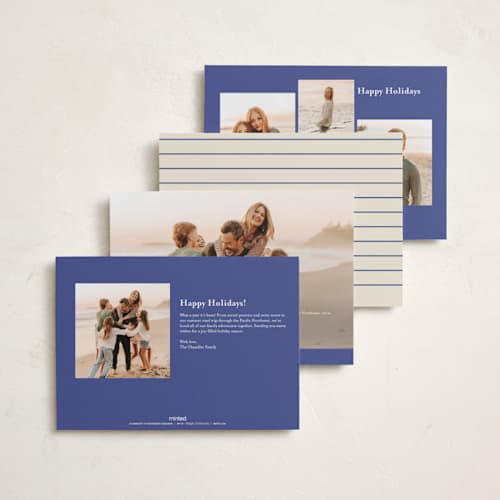 This is a cobalt hanukkah cards with standard by Ellen Schlegelmilch called hanukkah duo printing on recycled smooth signature in standard