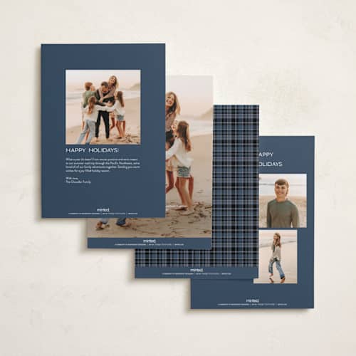 This is a navy hanukkah cards with standard by Jenna Holcomb called cozy in plaid printing on recycled smooth signature in standard