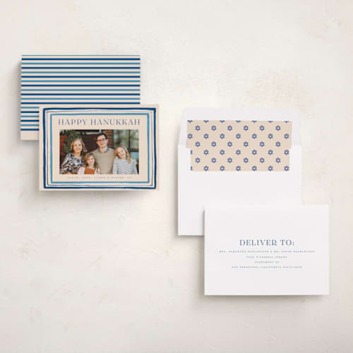 This is a sky hanukkah cards with standard by Teju Reval called painted borders printing on recycled smooth signature in standard