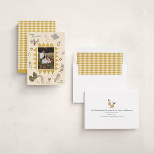 This is a light hanukkah cards with standard by Sumak Studio called month of dreams printing on recycled smooth signature in standard