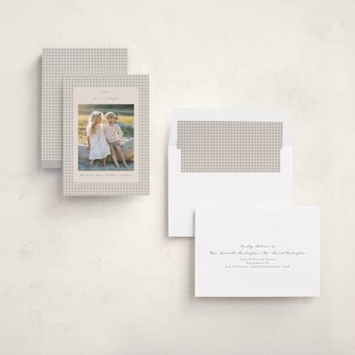 This is a ash hanukkah cards with standard by Emily Betts called gingham vintage printing on recycled smooth signature in standard
