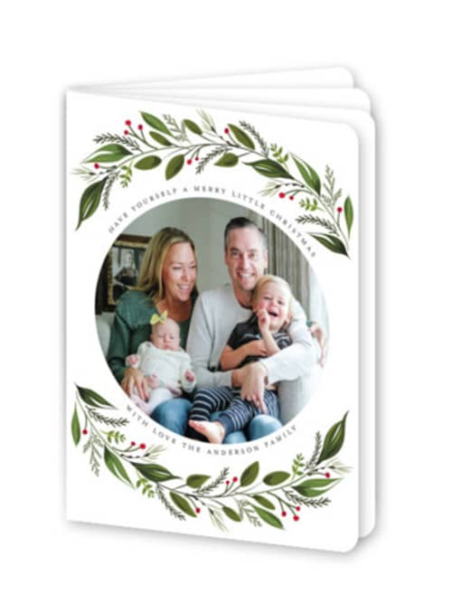 This is a crimson holiday booklette cards with standard by Susan Moyal called greenery branch printing on signature80 in booklette