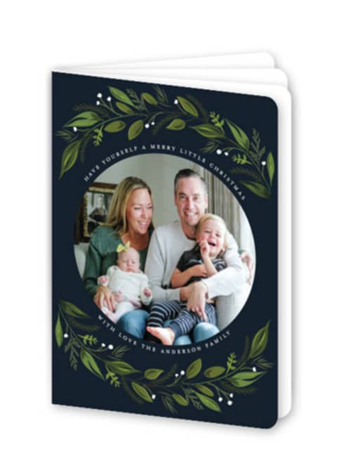 This is a navy holiday booklette cards with standard by Susan Moyal called greenery branch printing on signature80 in booklette