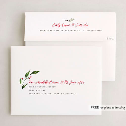 This is a crimson holiday booklette cards with standard by Susan Moyal called greenery branch printing on signature80 in booklette