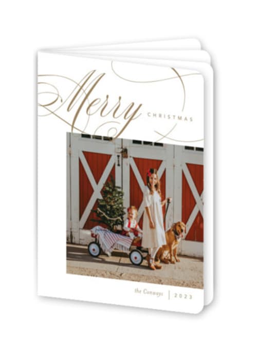 This is a champagne holiday booklette cards with standard by Jennifer Postorino called merrily flourished printing on signature80 in booklette