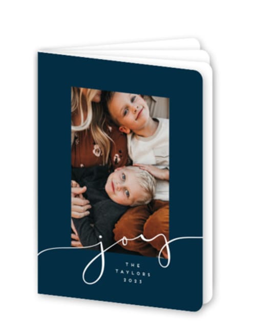 This is a navy holiday booklette cards with standard by Erica Krystek called minimalist joy printing on signature80 in booklette