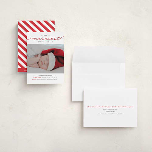 This is a fire engine red babys first christmas with standard by Sara Hicks Malone called the merriest christmas of all printing on recycled smooth signature in petite