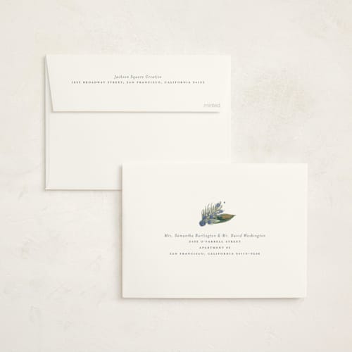This is a juniper business holiday cards with foil pressed by Jackie Crawford called festive side ribbon wreath printing on signature in standard