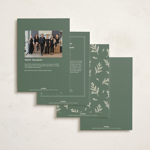 This is a eggnog business holiday cards with foil pressed by Erin German called pine border printing on signature in standard