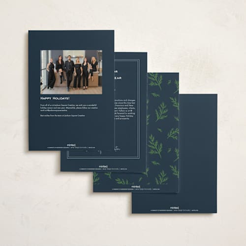 This is a winter night business holiday cards with foil pressed by Erin German called pine border printing on signature in standard