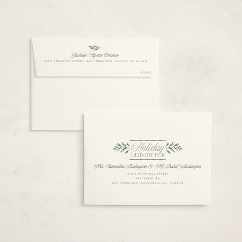 This is a eggnog business holiday cards with foil pressed by Erin German called pine border printing on signature in standard