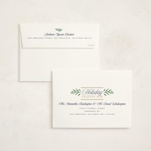 This is a winter night business holiday cards with foil pressed by Erin German called pine border printing on signature in standard