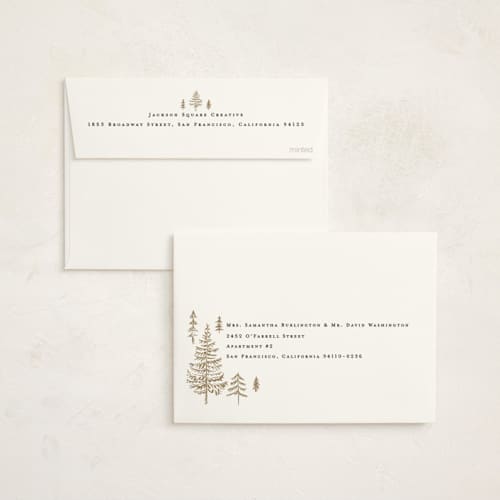 This is a cream business holiday cards with foil pressed by Amy Kross called spruce shine printing on signature in standard