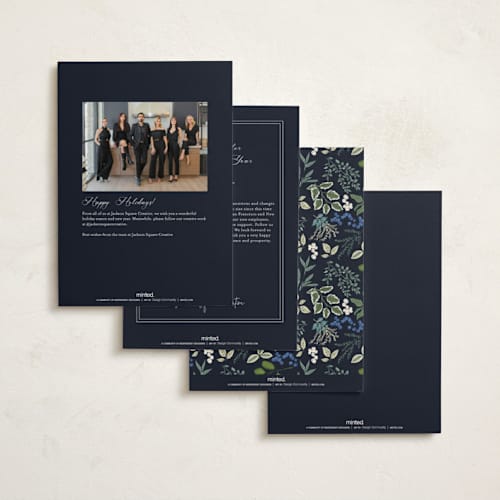 This is a blue spruce business holiday cards with foil pressed by Susan Moyal called holiday bow printing on signature in standard
