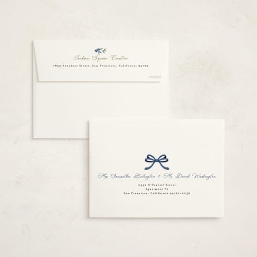 This is a blue spruce business holiday cards with foil pressed by Susan Moyal called holiday bow printing on signature in standard