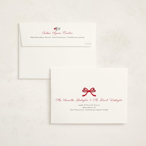 This is a candy cane business holiday cards with foil pressed by Susan Moyal called holiday bow printing on signature in standard