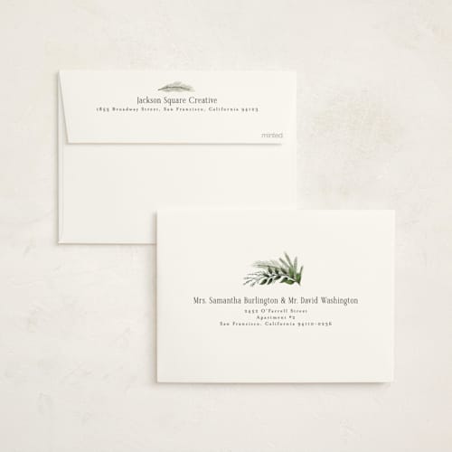 This is a balsam business holiday cards with foil pressed by Susan Moyal called pine wreath printing on signature in standard