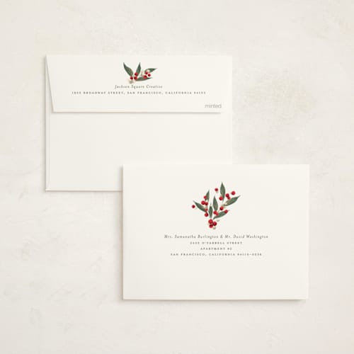 This is a santa business holiday cards with foil pressed by Jackie Crawford called ribbon bouquet printing on signature in standard
