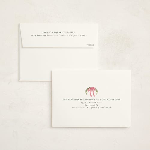 This is a peony business holiday cards with foil pressed by Chris Griffith called holiday bow tree printing on signature in standard