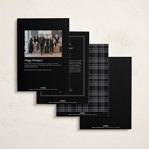 This is a charcoal business holiday cards with foil pressed by Corinne Malesic called grateful plaid printing on signature in standard