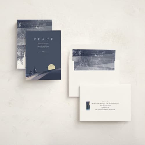 This is a navy business holiday cards with standard by Eric Ransom called serene peace printing on signature in standard