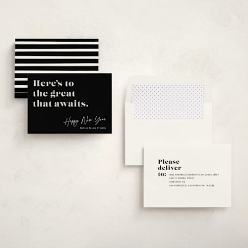 This is a noir business holiday cards with standard by Bethan called bold type printing on signature in standard