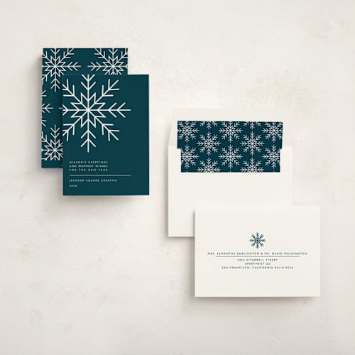 This is a teal business holiday cards with standard by Heather Schertzer called snowflake wishes printing on signature in standard