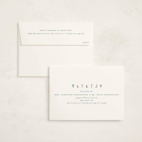 This is a multi business holiday cards with standard by Ellen Schlegelmilch called festive skiers printing on signature in standard