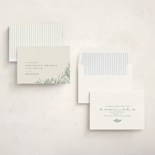 This is a pine business holiday cards with standard by Amy Kross called grateful hearts printing on signature in standard
